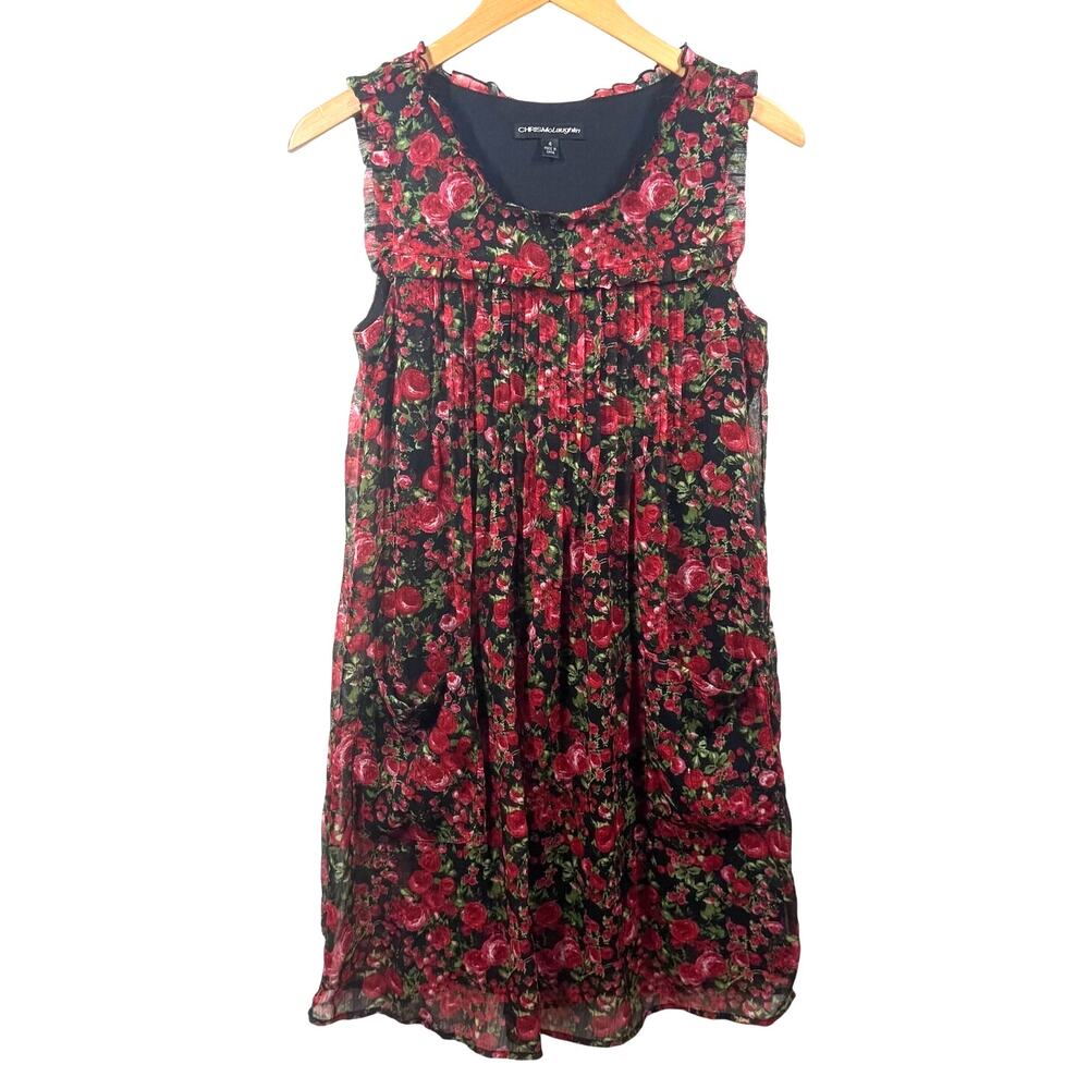 Chris McLaughlin Dress Women Black Red Rose Floral Dark Romantic Ruffle Pocket